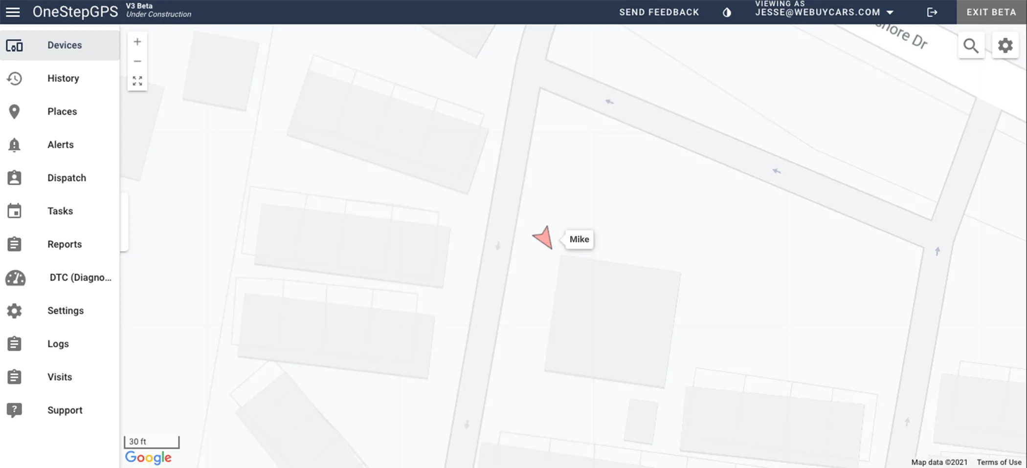 One Step GPS Dashboard showing devices on map