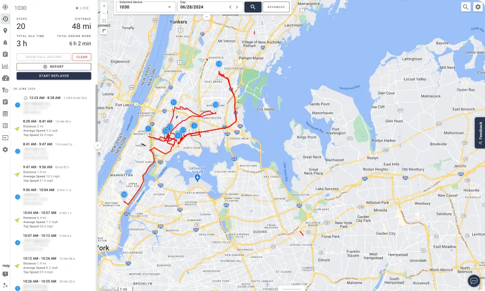 One Step GPS Map UI showcasing the History tab